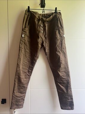 Italian Brown Casual Cargo Pants - Drawstring Waist stretch fabric